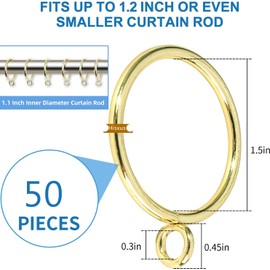 50 Pcs Curtain Rings 1.5Inch Strong Metal Decorative Curtain Ring with Eyelets, Rustproof Drapery Curtain Rod Clips Hangers for Bathroom, Living and Guest Room (Gold)