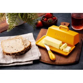 Ceramic Butter Dish Set with Lid and Knife - [Yellow]- Decorative Butter Stick Holder with Handle for 1 Stick of Butter - Microwave Safe, Dishwasher Safe - Anti-Scratch Stickers Included