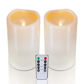Homemory 4" x 6" Waterproof Outdoor Flameless Candles, Battery Operated Flickering LED Pillar Candles with Remote and Timers for Indoor Outdoor Lanterns, Long Lasting, Large, Set of 2