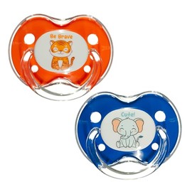 Playtex Baby Binky - Chupete de ortodoncia con cubierta a presión, escudo de comodidad de aire, silicona de grado médico, hasta 6 meses, azul y naranja (2 unidades)
