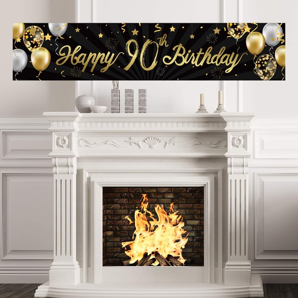 Happy 90th Birthday Banner Sign Gold Glitter 90 Years Birthday Party Decorations Supplies Anniversary Celebration Backdrop