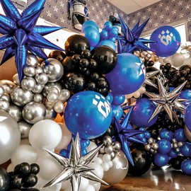 PartyWoo Dark Blue Star Balloons 6 pcs, One-Piece 14-Pointed Starburst Balloons, 27 & 22 inch Star Explosion Balloons with Ribbon, Point Star Foil Balloons, Large Mylar Balloons for Party Decorations