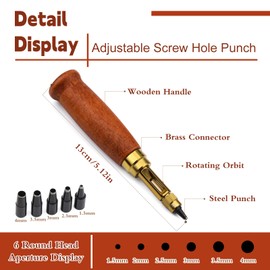 Mnuizu Adjustable Japanese Screw Punch, 6 Tip Sizes Adjustable Screw Hole Punch, Wood Handle Belt Hole Puncher Bookbinding Tool for Sewing Leather