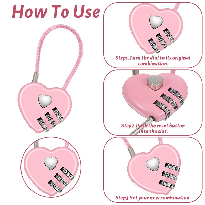 3Pcs 3 Digit Combination Lock for Locker, Pink Heart Lock