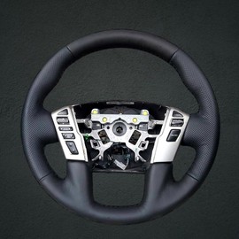 RedlineGoods steering wheel cover compatible with Nissan Titan 2016-24. Tailor made - not universal! Genuine top-grade Italian Black leather with Blue thread
