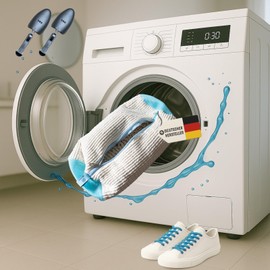 T&B Global XL White Shoe Wash Bag for Washing Machine, Extra for White and Light Shoes, Includes Shoe Stretcher, Clean and Safe Washing in the Washing Machine, Extra Large (White/Blue)