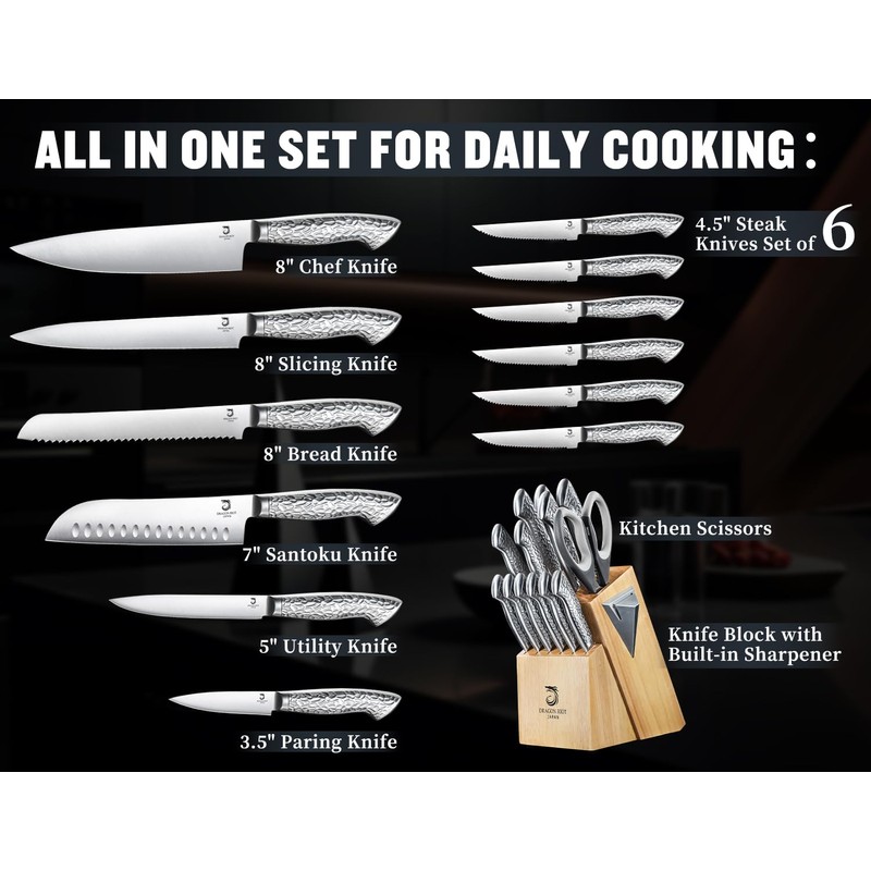 14 PCS Knife Set with Wood Block - Stainless Steel