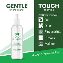 AR Green Eco Friendly Lens Cleaner, Biodegradable Lens Cleaning for Eyeglasses, Lenses, Screens, Streak Free, Two 2oz Spray Bottles, Two Microfiber Cleaning Cloths (Pack of 4)