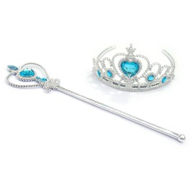 Kuzhi Princess Elsa Crown Tiara and Wand Set — Silver Heart Jewel, Blue