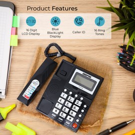 GEEPAS Corded Desktop Telephone with Caller ID Display, FSK/DTMF Dual System for Home Office