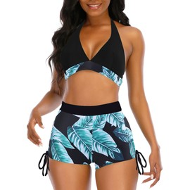 Trajes de baño de cintura alta para mujer con pantalones cortos de niño, bikini brasileño de dos piezas con diseño de rayas, Verde (Green leaves), XXL