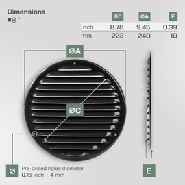 Vent Systems 8" Inch Black Round Soffit Vent Cover - Air Vent Louver with Built-in Mesh Screen – Wall or Ceiling Ventilation Grille for Intake/Exhaust HVAC Systems – Indoor and Outdoor Use