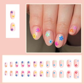 Spring Flowers Press on Nails Short Oval Glue on Nails with Colored Flowers Design Fake Nails Short False Nails Acrylic Nails Natural Full Cover Stick on Nail for Women Coffin Artificial Nails 24Pcs