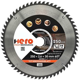 HERO Circular Saw Blade 250 x 30/20 mm 60 Teeth Carbide Saw Blade TCT Replacement Saw Blade for Woodworking Soft & Hardwood, Non-Ferrous Metals Universal Hand Saw, Mitre Saw, Table Saw, Chop Saw