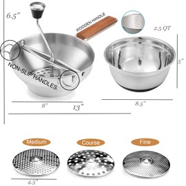 Food Mill and Bowl - 3 food grinder Discs & Mixing Bowl - Potato ricer for mashed potatoes - Grain mill hand crank for Mashing, Straining & Grating Fruits & Vegetables - Baby food mill - Bezrat