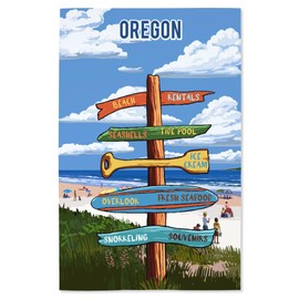 Lantern Press 16x24 Inch Giclee Print, Oregon, Signpost, Coast Beach with Umbrellas
