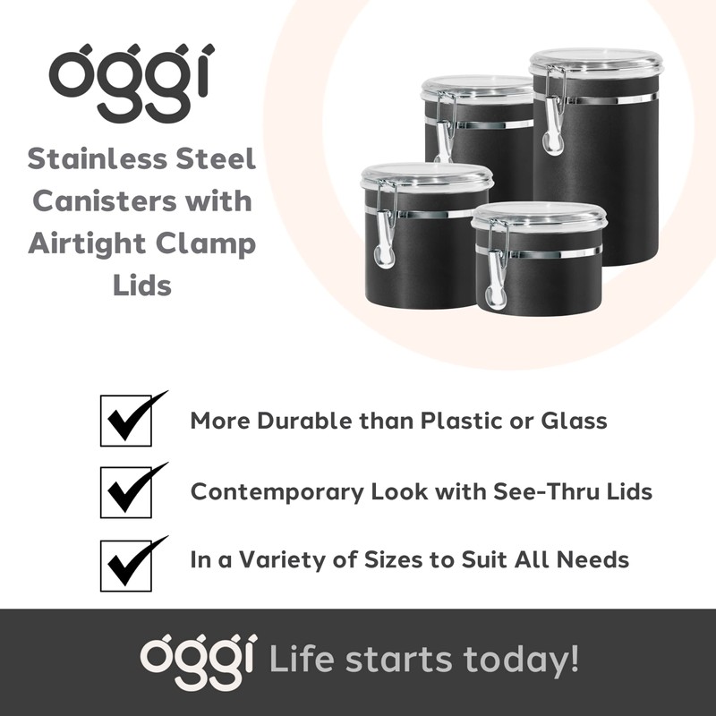 Oggi Stainless Steel Kitchen Canister 62 fl oz, Black -