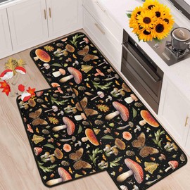 Farmhouse Mushroom Butterfly Kitchen Rugs and Mats Set of 2, Seasonal Washable Non-Slip Floor Mats for Home Kitchen Decor 17"x47"+17"x30" Black