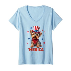 Womens Yorkie, 4th of July, Yorkshire Terrier, Patriotic V-Neck T-Shirt