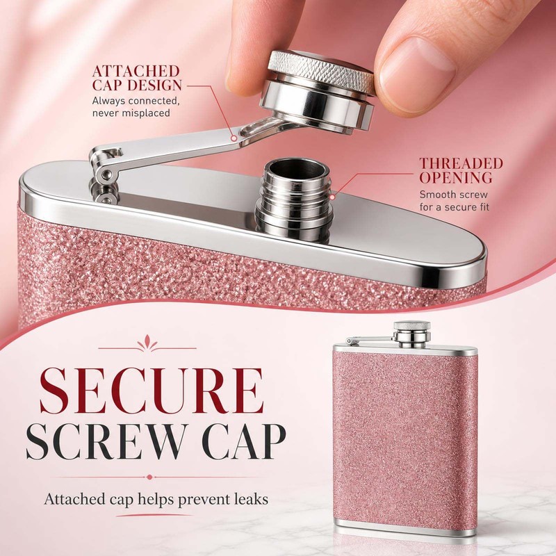 8 Oz Hip Flasks for Women Men, Pink Sparkling Portable