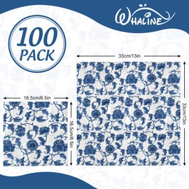 Whaline 100 Pack Blue Floral Paper Napkins Disposable Spring Blue White Peony Flower Decorative Hand Towels for Wedding Holiday Birthday Party Bridal Baby Shower Tableware Party Supplies, 6.5 Inch