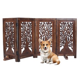 Dog Gate Indoor, Free Standing Folding Pet Gate 4 Panel, 56x28 Inch Wooden Dog Fence for Doorway, Hallway, or Stairs, Decorative Sadie Design, Natural Burnt