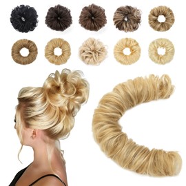Messy Hair Scrunchies Bun Extensions Curly Wavy Ponytail Hair Pieces for Women #18P613 Ash Blonde Mix Bleach Blonde Elastic Donut Chignons Accessories 32g
