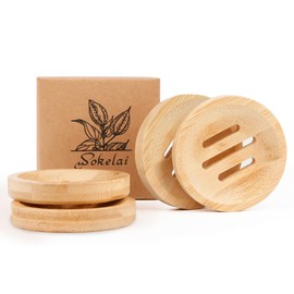 Bamboo Soap Dish for Bar Soap in Shower 4PCS, Wooden Round Soap Holders Self Draining Soap Tray Shampoo Conditioner Bar Holder Travel Soap Saver Case for Bathroom Kitchen Sink Bath Tub Razor Sponges