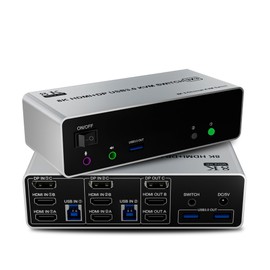 8K@60Hz KVM Switch 3 Monitors 2 Computers 4K@144Hz, 2 HDMI+Displayport KVM Switch Triple Monitor for 2 Computer Share 3 Monitor, Audio Mic Port and 3 USB3.0 Devices, Wired Remote and 5V Power Adapter