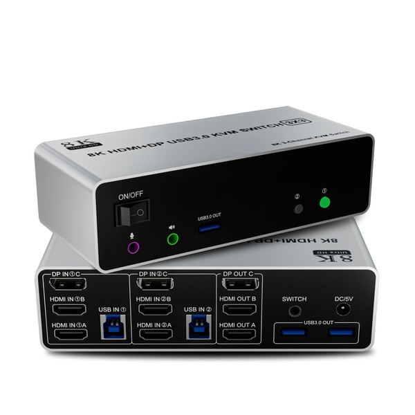 8K@60Hz KVM Switch 3 Monitors 2 Computers 4K@144Hz, 2 HDMI+Displayport