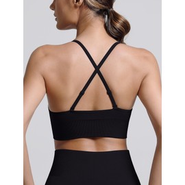 V Neck Adjustable Spaghetti Straps Sports Bras for Women, Padded Criss Cross Back Longline Yoga Workout Crop Top 3 Pack