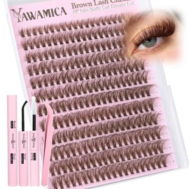 Yawamica Brown Lash Clusters Kit Wispy Lash Extension Kit 8-16mm D Curly Eyelash Clusters Fluffy Individual Lashes 40D Natural Cluster Eyelash Extensions Kit with Brown Bond and Seal and Lash Tweezers