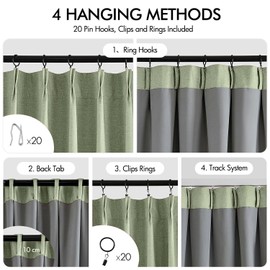 MIULEE Linen Pinch Pleated 100% Blackout Curtains for Bedroom 90 Inch Long 2 Panels Set - Back Tab Track Black Out Curtain for Living Room Darkening Triple Pleat Drapes with Hooks, Sage Green