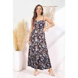 Women Dresses Sleeveless Maxi Dress Summer Casual Spaghetti Strap Smocked Tiered A Line Long Dress Black Floral XL