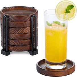 Yangbaga Wooden 3D Design Coaster Set - Set of 5 with Storage Holder, Insulating Mat for Cafe or Home Use