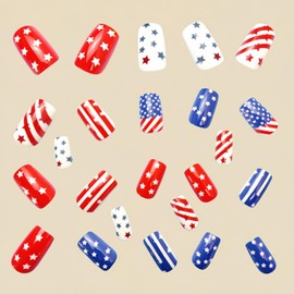 MIXFOSAHN Independence Press on Nails Medium Square Fake Nails Red Blue False Nails with Line Stars Designs America Flag Glossy Stick on Nails Glue on Nails Acrylic Nails for Women Girls 24 Pcs