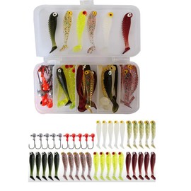 FOLANDO 30PCS Fishing Soft Lures kit, Soft Plastic Lures Sea Fishing Jig Heads Hook Artificial Fishing Baits Fishhook Mandarin fish soft bait for Sea Bass, Perch, Pike