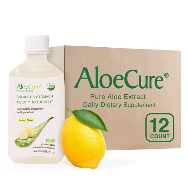 AloeCure USDA Organic Aloe Vera Juice Lemon Flavor, Bottled On-Site Within 12 Hours of Harvest, Natural Treatment for Acid Reflux, GERD, Natural Acid Buffer, No Charcoal Filtering, 12x500ml Bottles