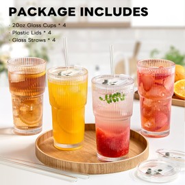 TUZAZO 20 oz Ribbed Glass Cups with Lids and Straws, 4PCS Glassware Set, Thickened Glass Tumblers Ideal for Iced Coffee Cups, Smoothies and Juices Reusable Drinkware