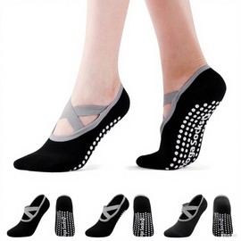 Marsoulina Yoga Socks Pilates Socks for Women 3 pairs Non-Slip Grips & Straps, Suitable For Pilates, Ballet, Dance, Plasticity, Training, gym,Home, hospital care, Foot care-All black