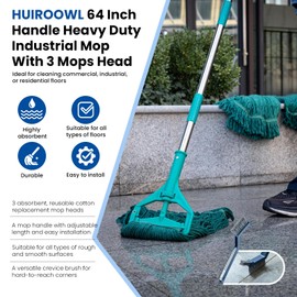 Commercial Mop with 3 Replacement Heads & 1 Handles, 64" Long Handle Heavy Duty Industrial Wet String Cotton Mop, for Concrete/Tile/Garage Floors-Home, Kitchen
