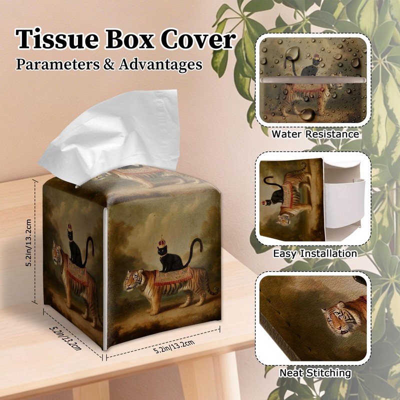 Vintage Black Cat Tiger Tissue Box Cover Square