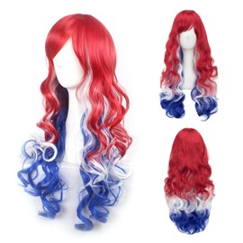 LGFKJNNJ 2 PCS 4th of July Wigs for Women Long Curly + Blue Red White American Flag Bow Hair Clips, Synthetic Long Wavy Rainbow Wigs Costume Independence Day Cosplay Party Accessories
