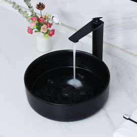 Davivy 14.2'' Matte Black Round Vessel Sink with Pop Up Drain,Bathroom Vessel Sinks,Black Ceramic Vessel Sink,Round Bathroom Sink,Bathroom Sinks Above Counter,Round Sink Bowls for Bathroom