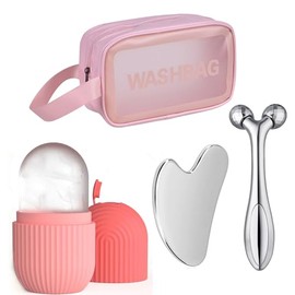 Facial con rodillo de hielo: bandeja de hielo de silicona para el glaseado facial, espátula de acero inoxidable y rodillo 3D para el peinado facial, b