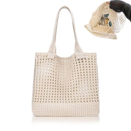 Crocheted Bag, Tote Bag Aesthetic, Beach Bag Women, Summer Bags, Foldable Bag, Beige, Lightweight and Portable, for Shopper, Outfits Collocation, Travel, Students (Large Size), beige