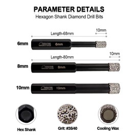 SHDIATOOL Diamond Drill Bits with Hex Shank 3 Pieces/Set 6/8/10 mm for Granite Masonry Ceramic Tile