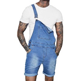 Runcati Mens Denim Shorts Bib Overall Jean Romper Casual Loose Fit Walkshort Button Pockets Summer Jumpersuit