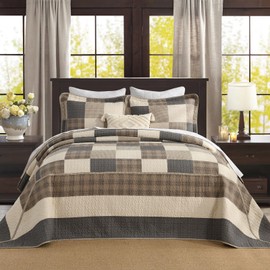 FineStichery Oversized King Bedspread Quilt 128" x 120" Extra Wide, 100% Cotton Lightweight Quilted Bed Spreads Coverlet Set Farmhouse Bedding Cover, 3 Piece, Charcoal/Beige/Browm