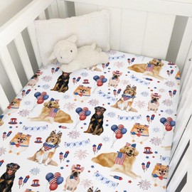 Independence Day Dogs American Flags Baby Crib Sheets 52''x28'' July 4th Dogs Fitted Crib Mattress Sheets for Boy Girl Dogs Lovers Gift Soft Nursery Bed Sheets for Standard Crib Toddler Mattresses